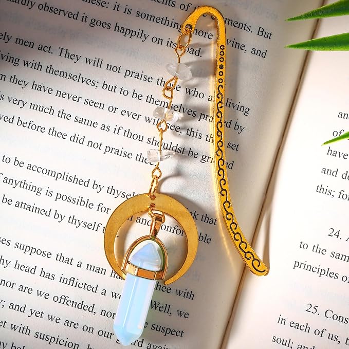 Vintage Metal Bookmark Pendant with Natural Crystal Stones White Clear Quartz Bead Chain–Elegant Bookmarks for Women,Men,Book Lovers,Teachers and Girls(White Tassel)