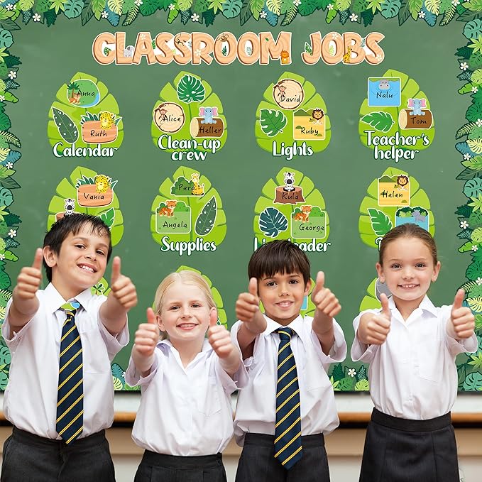 BeYumi Classroom Jobs Bulletin Board - 76Pcs Back to School Jungle Animal Class Jobs Bulletin Board Decoration Set Palm Tree Leaf Paper Cutouts Teacher's Helper Chalkboard Wall Decor for Kids Students