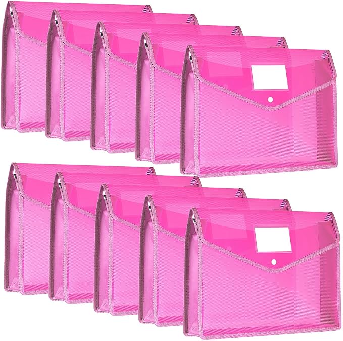 Epakh 10 Pieces Plastic File Folders Envelope Expanding File Wallet Organizer Documents Folder with Snap Closure and Pocket B4 Waterproof Transparent Pouch for School Office (Pink,Horizontal)