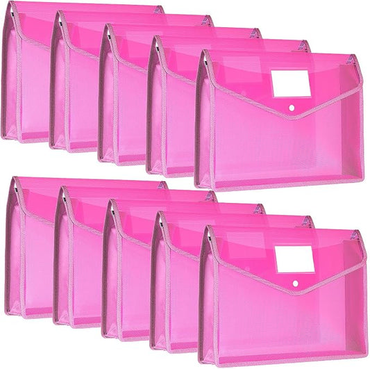 Epakh 10 Pieces Plastic File Folders Envelope Expanding File Wallet Organizer Documents Folder with Snap Closure and Pocket B4 Waterproof Transparent Pouch for School Office (Pink,Horizontal)