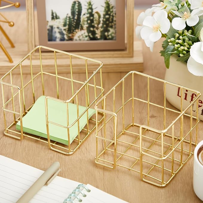 Harloon 2 Pcs Metal Sticky Note Holder 3.8 x 3.8 in Back to School Cute Memo Cube Dispenser Mesh Desk Organizer for Notepads Pens and Pencil Ideal for Classroom Office Supplies Home Storage(Gold)