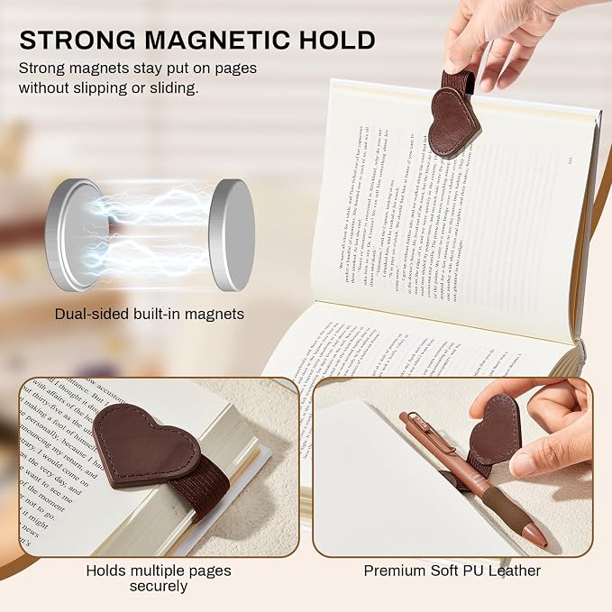 2Pcs Magnetic Leather Bookmarks with Gift Box Heart-Shaped Magnetic Pen Holder Book Marks Clip Gift for Book Lover Readers Cute Bookmark for Women, Brown