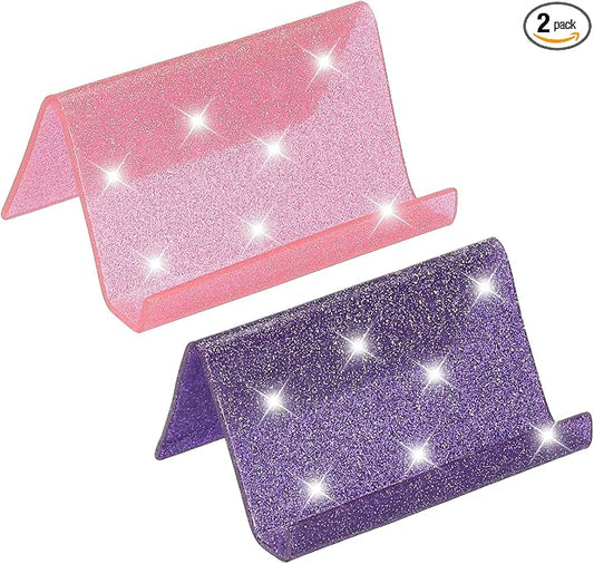 PATIKIL Business Card Holder for Desk, 2Pcs Acrylic Business Card Holders Shine Card Stand Organizer Cards Display for Office Exhibition, Pink/Purple