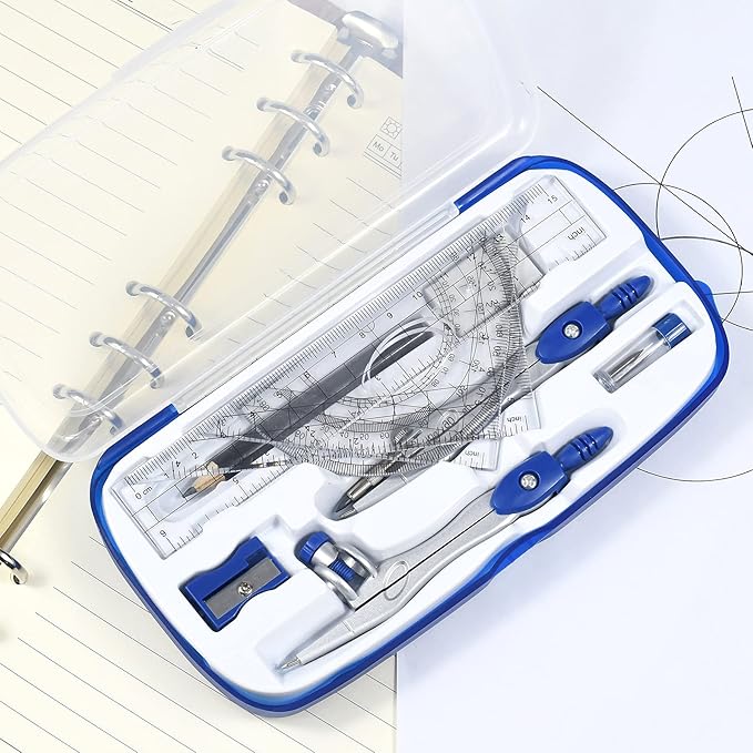 Vobou Math Geometry Kit Sets 10 Piece Student Supplies with Shatterproof Storage Box,Includes Rulers,Protractor,Compass,Eraser,Pencil Sharpener,Lead Refills,Pencil,for Drafting（Navy Blue）