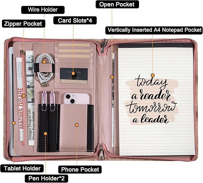 Generic Zippered Leather Padfolio Portfolio with Hidden Handle and Clipboard, Business Conference Organizer Notepad Folder, Portfolio Bag, Padfolio for Women/Men (Pink)