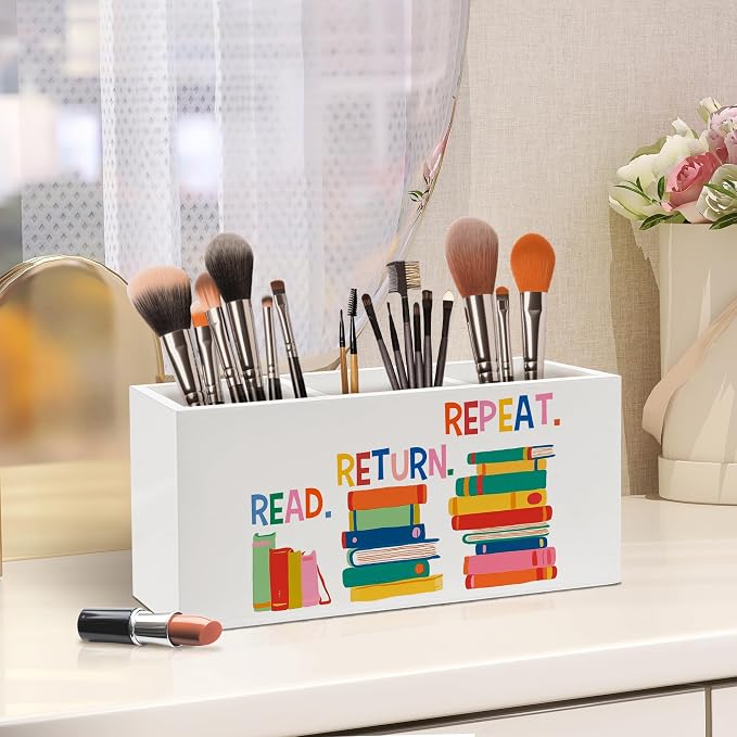 Book Lover Gifts Pen Holder, Book Reader Gifts Classroom Pen Pencil Holder Organizer for Desk Accessories, Bookish Wooden Box Desk Decor for Reading Room Library Classroom Desk Decorations