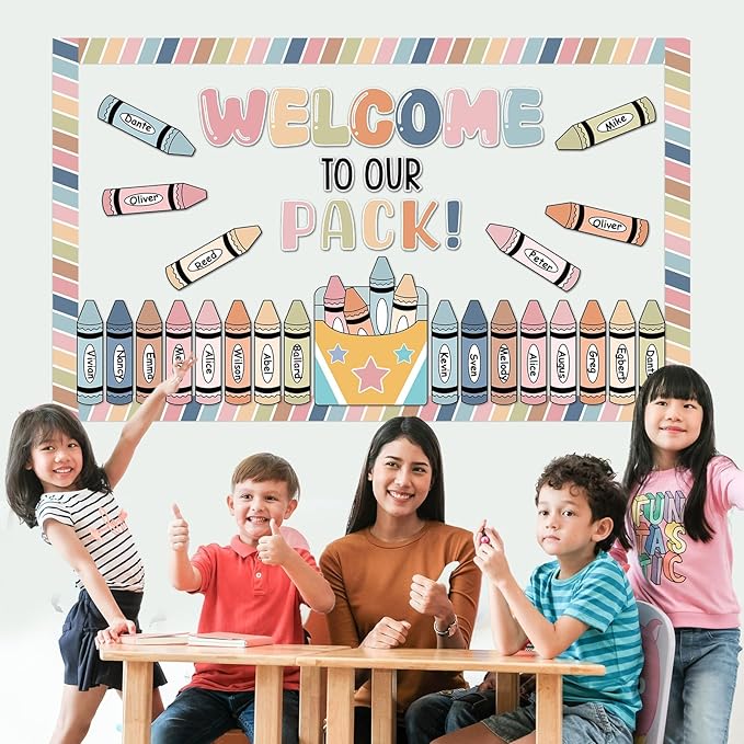 Boho Welcome to Our Pack Bulletin Board Set Crayons Back to School Classroom Decorations Colorful Crayon Theme Name Tags Crayon Box Star Cutouts for Classroom Teachers Chalkboard Home Wall Door Decor