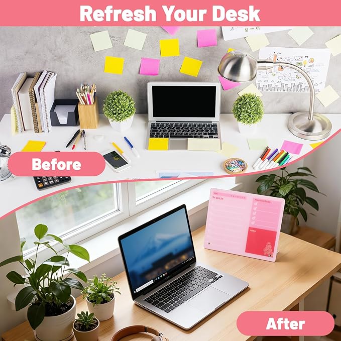 LeMotech Desktop Acrylic Dry Erase Board, 12x10 inches to-Do List Planner, Tabletop Whiteboard with Stand Office Supplies Includes 2 Markers & 1 Eraser,Pink Rose Pattern, 2 Pack