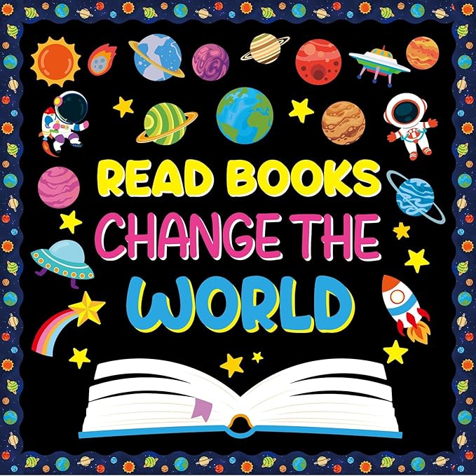 Outer Space Bulletin Board Set Read Books Change The World Classroom Decoration Motivational Astronaut Rocket Spacecraft Planet Paper Cutout for Back to School Nursery Library Door Wall Decor Supplies