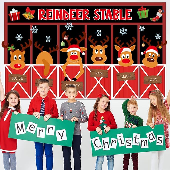 Christmas Deer Bulletin Board Decorations Set Xmas Reindeer Stable Christmas Elk Winter Classroom Paper Cutouts for Holiday School Home Wall Supplies