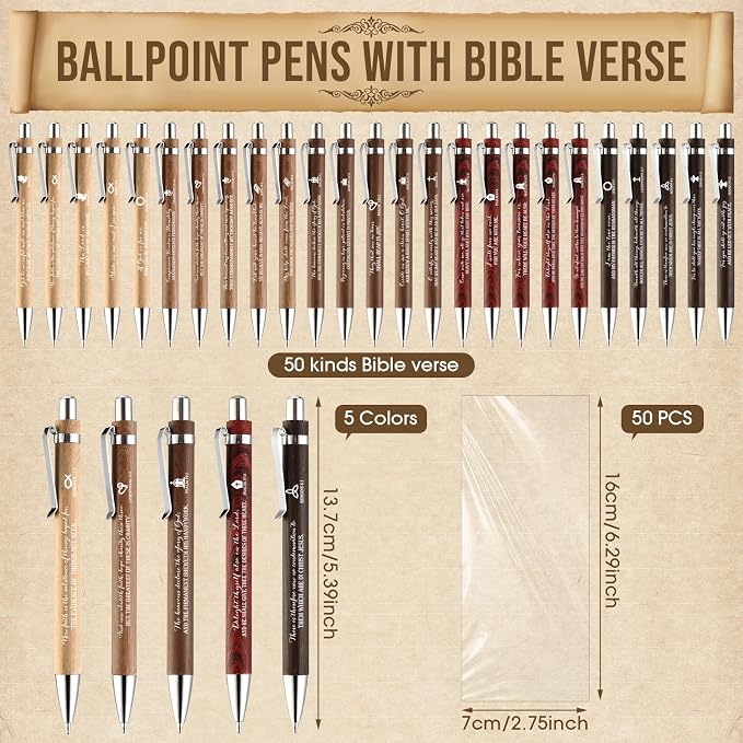 Feifeiya 50 Sets Christian Fathers Day Pens Bulk Bible Verse Religious Ballpoint Bamboo Pens with Bible Verse Emergency Numbers Bookmarks Church Gifts for Women Men Pastor Godfather Teacher (English)