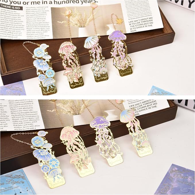 4 Pcs Metal Bookmarks Set for Reading Lovers Book Lovers Gifts, for Women, Men, Kids, Girls, Readers - Jellyfish