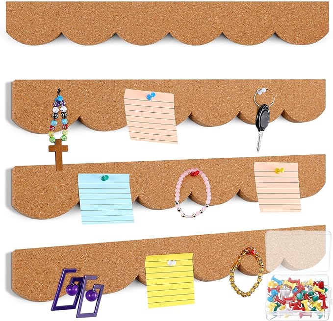 CroBlissful 4 Pcs Cork Strips Bulletin Bar Strip for Wall 14. 5 x 2 Inch Frameless Cork Board Strips with 50 Push Pins, Self Adhesive Backing, for Classroom Office Home Cubicle(Scalloped Style)
