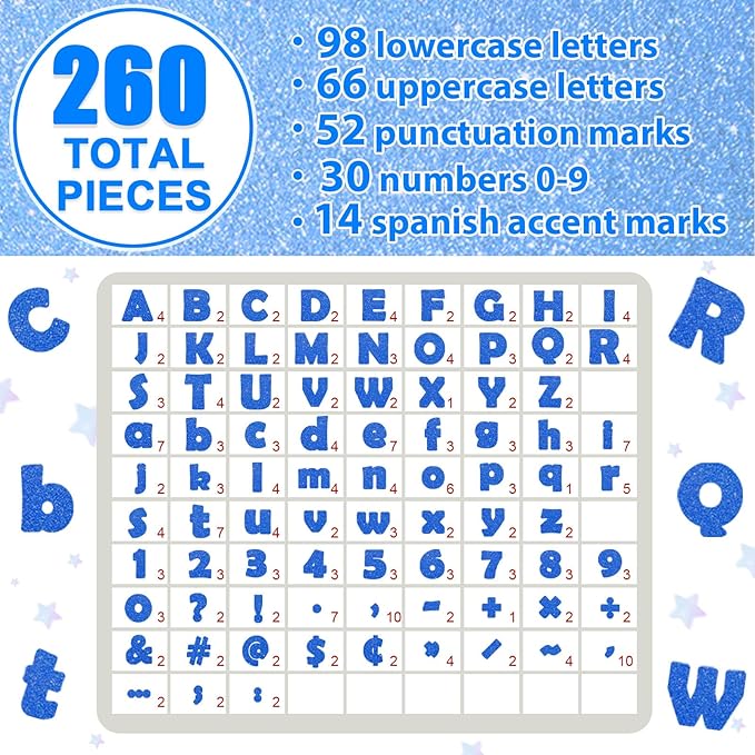 Qyeahkj 260Pcs Glitter Blue Bulletin Board Letters for Classroom 4” Winter Letter Combo Pack Set Numbers Alphabet Poster Board Punctuation Symbol Cutout for School Classroom Wall Decor