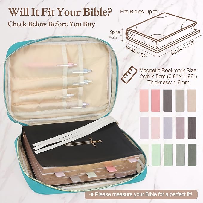 Durable and Protective Bible Cover Case for Women,Portable Bible Carrier Organizer Bag with Zipper,Christian Gift for Women,Includes 15 Magnetic Bookmarks,Great for Church,Travel or Daily Use, Mint