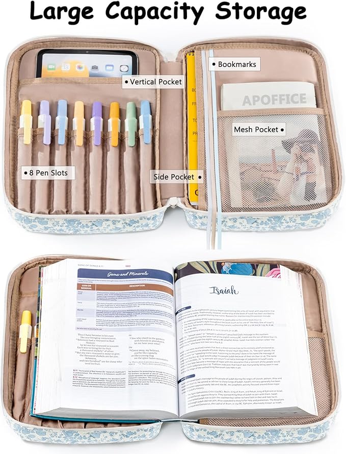 Quilted Bible Cover Case for Women, Large Bible's Bag with Pockets & Handle, Bible Carrying Case Organizer for Bible Study Supplies, Christian Gifts, Fits Large & Small Bibles