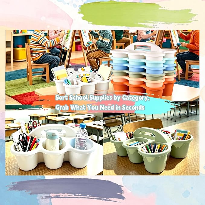 6 Pack Classroom Caddy Organizer with Handle Morandi Plastic Table Caddy 6 Compartments Storage Cup Holder for School Supplies Art Crafts Crayons Pencils Stackable Desk Daddy for Office