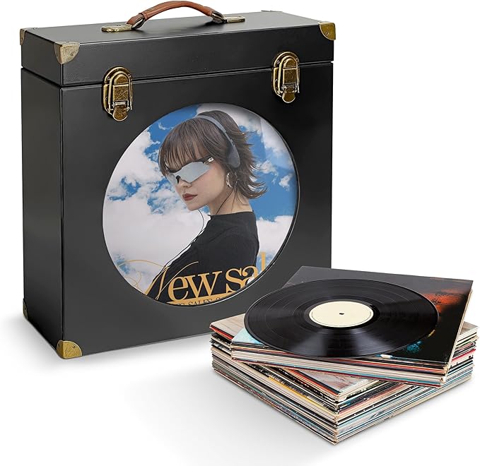 Solid Wood Vinyl Record Storage Box with Display Window - Holds 30 LPs, Acrylic Front, Leather Handle & Metal Lock for 12/10/7 Inch Records (Black)