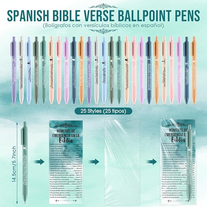 Feifeiya 50 Sets Christian Fathers Day Gifts Bulk Religious Pens Bible Verse Emergency Numbers Bookmark Scripture Catholic Gift for Women Men Church Welcome Sunday School(Watercolor,Spanish)