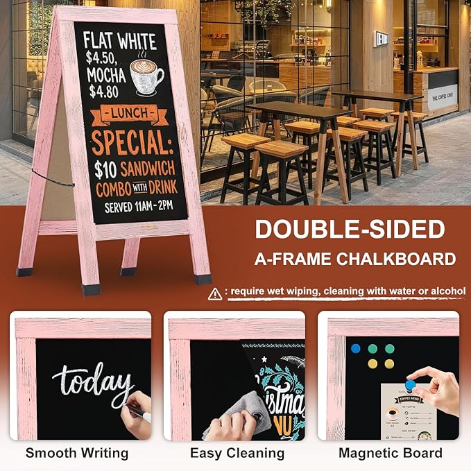 Wood Magnetic A-Frame Chalkboard Signs, 40" x 20" Large Sandwich Board Signs Outdoor, Double-Sided Sidewalk Blackboard for Business, Wedding, Vendor Display, Coffee Shope - Pink
