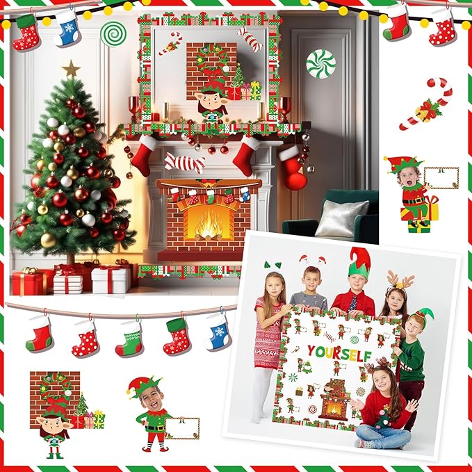 86 Pcs Christmas Bulletin Board Decorations with Gift Boxes Borders Xmas Elf Fireplace Candy Cutouts Christmas DIY Photo Sign for Classroom Decoration School Home Holiday Party