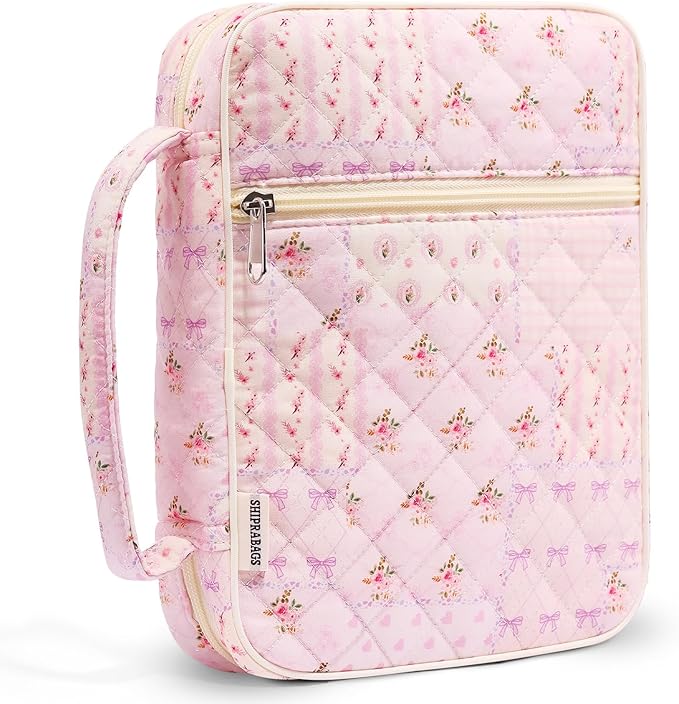 shirabags Quilted Bible Cover Case for Women - Elegant Cotton Bible Bag for Study, Church, Christian Gifts for Women (Pink pin, M)