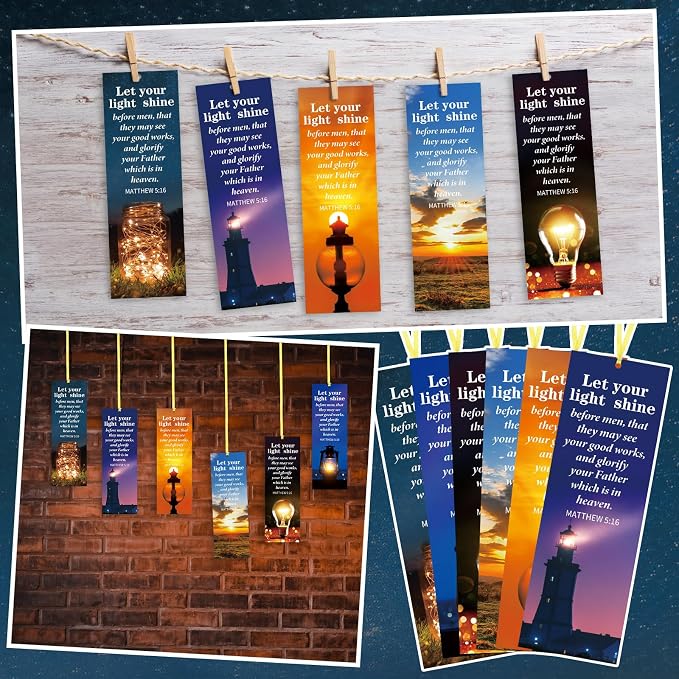 Dispowreath 60 Pcs Let Your Light Shine Religious Christian Bookmarks Church Bookmarks Gift for Teens Men Women Church Home Party Favors