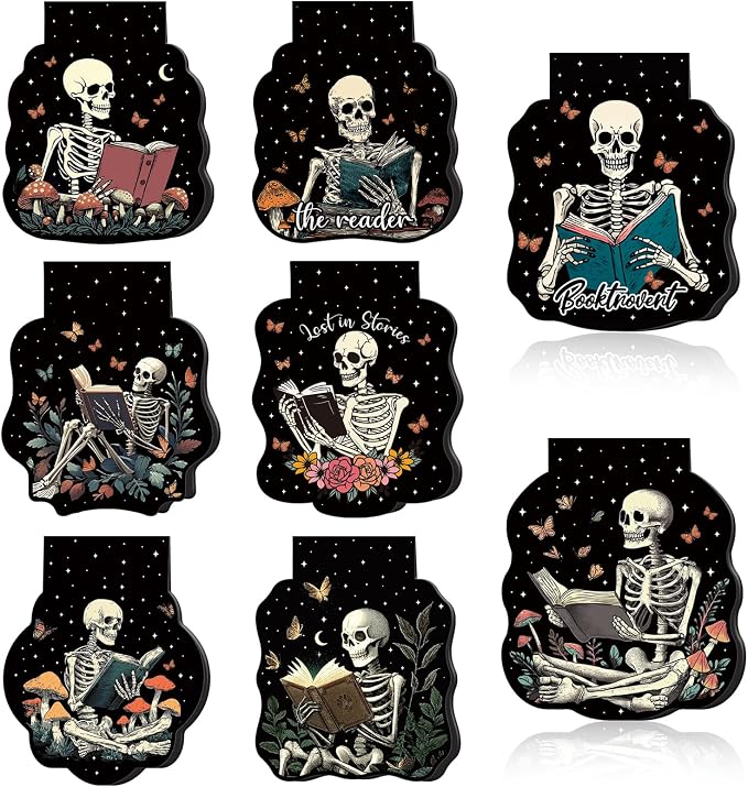 Wxiben Gothic Skeleton Bookmark Magnetic - 8 Pcs Skeleton Reading Bookmarks Magnetic Flower Skull Book Lover Book Marks Page Magnets Marker Clip Gifts for Women Men Students Teacher Reader Bookish