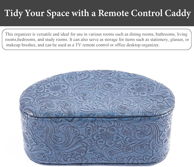 Remote Control Holder, PU Leather Remote Caddy Desktop Organizer with 5 Spacious Compartments for TV Remotes/Media Controllers/Office Supplies (1-Carved3 Blue
