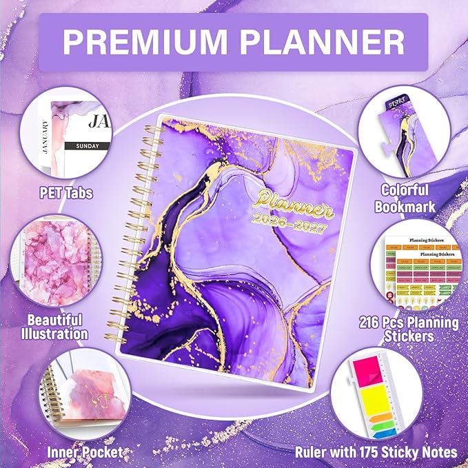 Planner 2026-2027, Large 18 Months Academic Daily Weekly Monthly Planner Yearly Agenda Jan. 2026–June. 2027, 7.9" x 9.8", Page Tabs, Separator Page, Pocket Folder, Bookmark, Stickers, Sticky Note Set