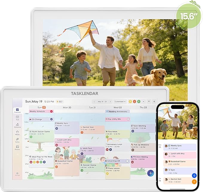 15.6’’ Digital Calendar Frame Wall Touchscreen Electronic Calendar, Smart Family Planner for Schedule, Chore Chart & Meals Task Organizer, Digital Photo Display, Wall & Desk Mountable, White