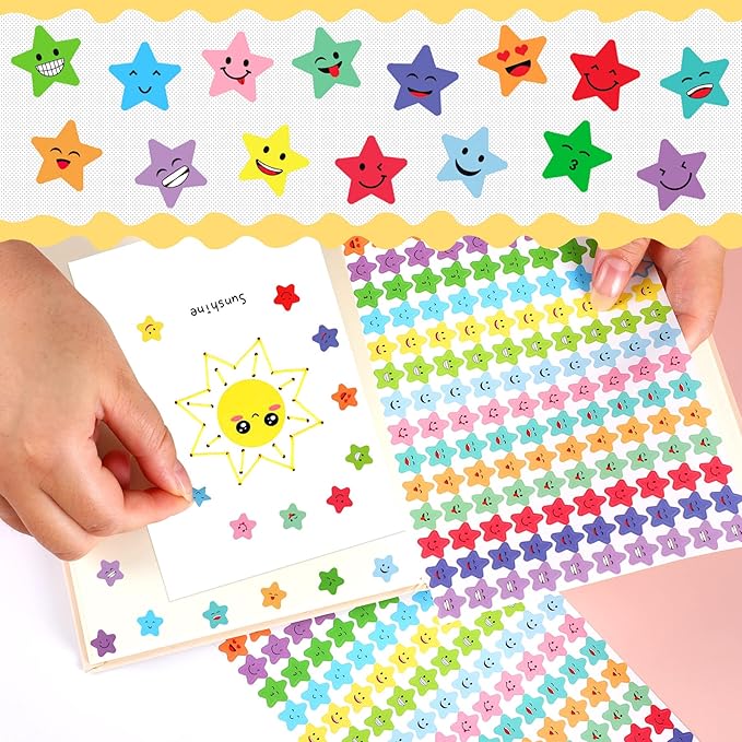 JANYUN 6750Pcs Star Stickers 15 Designs Happy Smile Face Students Reward Chart Behavior Labels for DIY Crafts Scrapbooking School Office Supplies