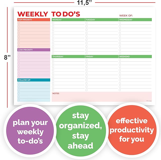 Weekly Planner Notepad, Weekly To Do List Notepad, Tear Off Undated Weekly Planner Pad, 11.5" x 8", Premium Thick Paper with Cardboard Back Support, Desk Planner for Office & Home, Vivid Color Design.
