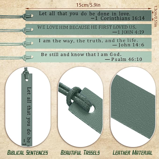 Laumoi 10 Pcs Christian Leather Bookmarks, Handmade Bible Verses Scripture Bookmarks for Women & Men, Religious Christian Gifts for Book Lovers, Church & Book Club Supplies(Elegant, Green)
