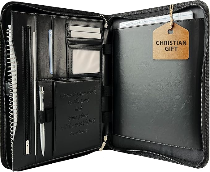 DEHITE Leather Portfolio for Men – Padfolio Case for Men and Women – Black Bible Notebook Organizer – Pen Slots – Zipper Binder – Premium PU Leather – Feels Like Full-Grain – Office Gift Accessories