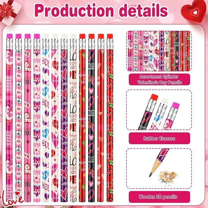 300 Pieces Valentine's Day Pencils for Kids Assortment Cylinder Wood Pencils Bulk Cute Pencils with Erasers for Kids Valentine's Day Party Office School Supplies(Valentine')