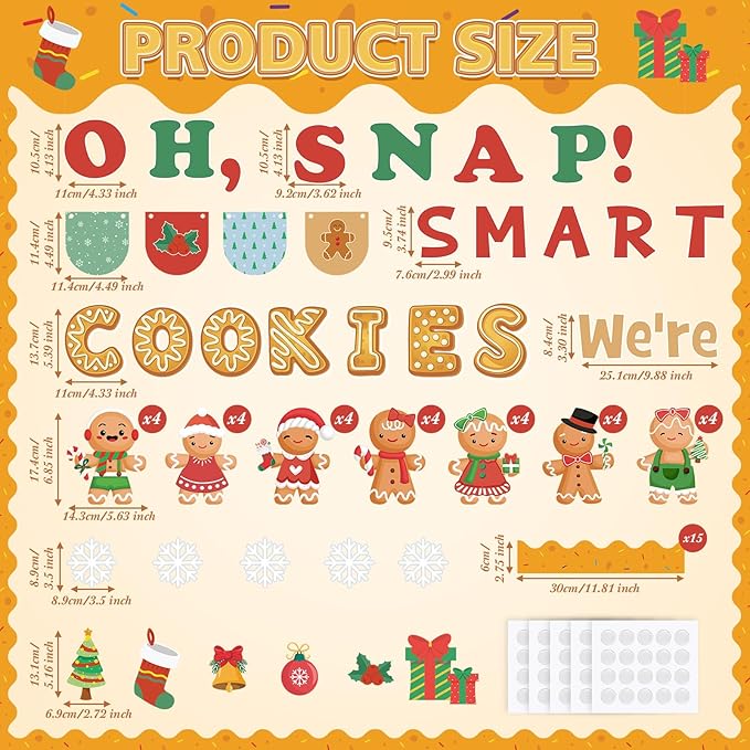 74 Pcs Christmas Gingerbread Bulletin Board Decorations Gingerbread Man Snowflake Cutouts Xmas OH SNAP! We're Smart Cookies Bulletin Board for Classroom Decoration Winter School Wall Decor