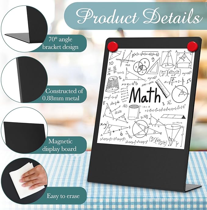 Fainne 4 Pcs Magnetic Bulletin Board with Easel Stand Mini Black Magnet Metal Tabletop Memo Display Board for Back to School Menu Table Office Supplies (17 x 11 Inches)
