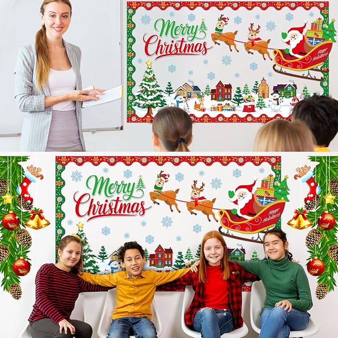 AmazingSpark 81 Pcs Christmas Bulletin Board Decorations with 300 Pcs Glue Points Santa Claus, Xmas Trees, Snowflakes, Gingerbread House Cutouts for School Classroom Wall Decoration