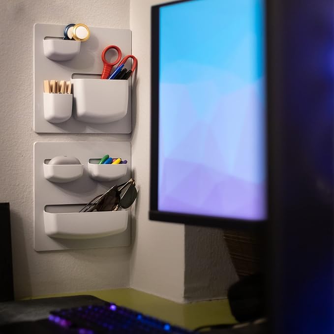 Modern Grey Wall Desk Organizer - 2 Parts, 6 Organizer Pockets, and Adhesive Holder Shelves for Easy Storage of Small Things at Home or Office. Wall Organizer Easy to Install in Ligth Grey to Decor