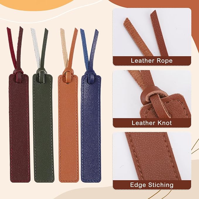 8Pcs Leather Bookmark, Classic Stitched Book Mark with Leather Rope Teacher's Day Gifts for Reading Men Boy School Students