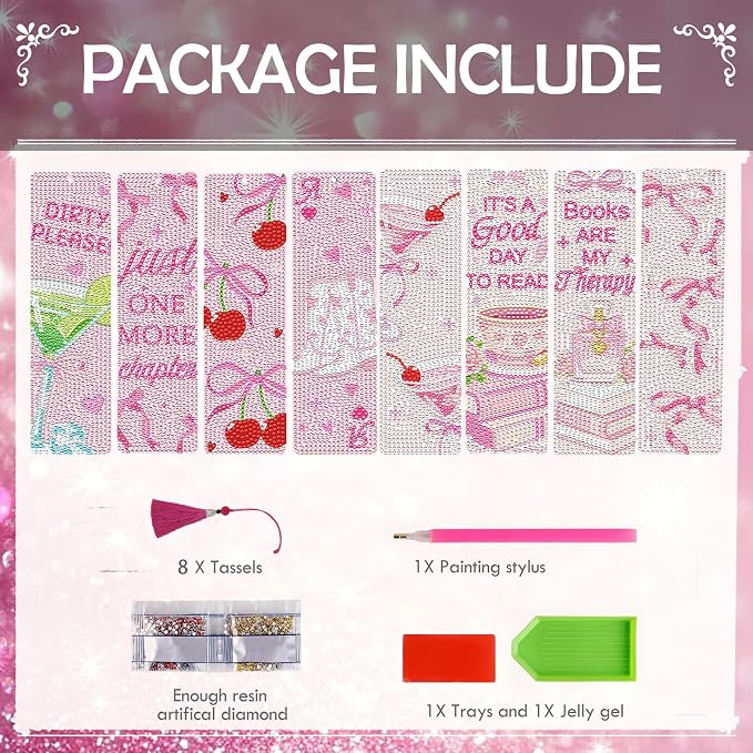 Bow Diamond Art Painting Bookmarks - 8 Pcs DIY Aesthetic Diamond Art Kits with Tassel Coquettte Cherry Cocktail Gem Art Craft Holiday Christmas Gift for Girly Reading Lover Beginners