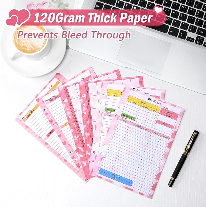 Toplive 3 Pack A5 Planner Refill 82 Sheet Colored Monthly Weekly Planner Refill Paper 6 Hole Budget Sheets Expense Tracker Inserts for A5 Binder Cover Bill Saving Organizer, Pink