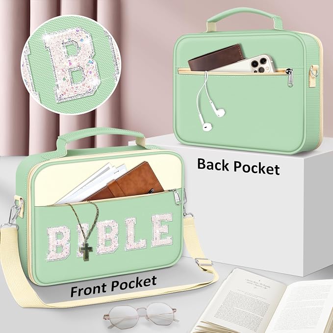 FINPAC Large Bible Cover w/Shoulder Strap, Carrying Book Case Church Bag Bible Protective w/Pen Slots and Zippered Pocket, Gift for Women Lady, Letter Green