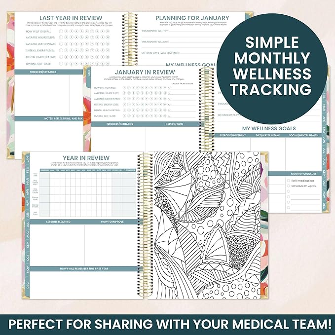 bloom daily planners Undated Chronic Illness Planner & Medical Journal - 12 Month Pain & Symptom Tracker, Mood & Medication Log, Appointment Organizer (7” x 9”) - Brushstroke Blooms