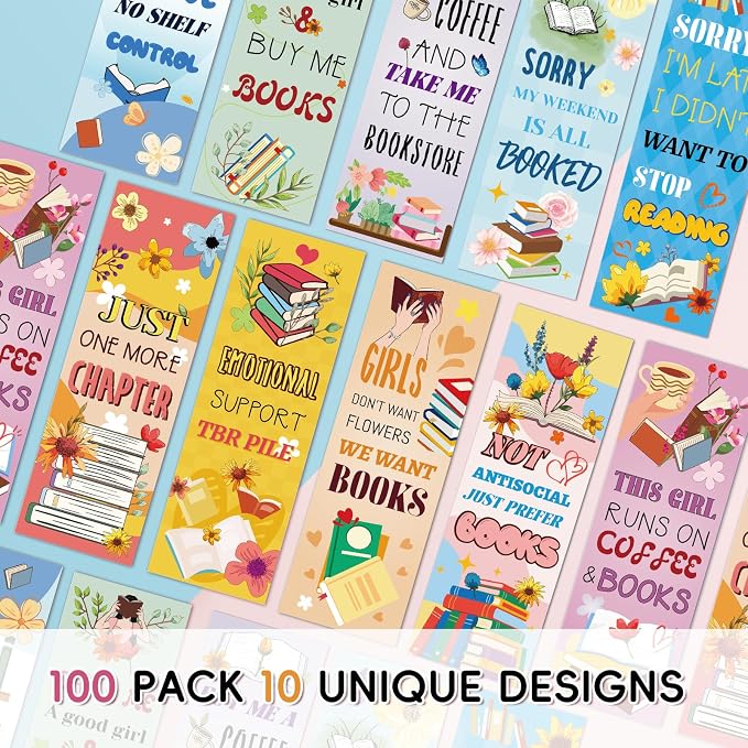 100 Pack Unique Bookmarks, 10 Styles Double-Sided Design for Book Lovers, Bookmark Gifts for Readers Students Teacher Office Supplies (Book Lover)