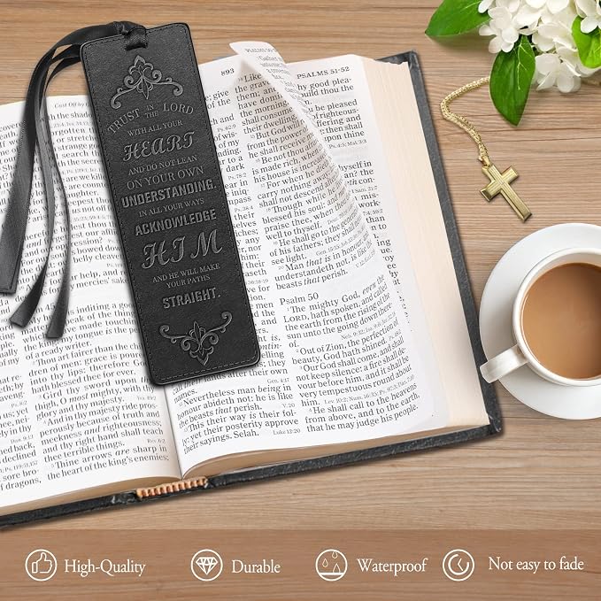 FINPAC Leather Bible Bookmarks, Vegan Religious Bookmarks, Bible Verse Book Markers Church Gifts for Women Men [Trust in The Lord with All Your Heart] - Black