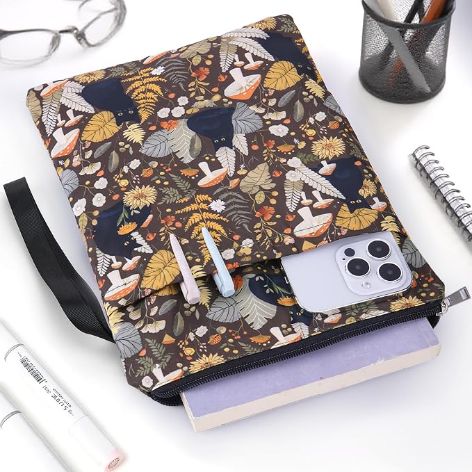 Waterproof Book Sleeve Pouch - Black Cat Books Cover Protector for Paperbacks Portable Bookworm Accessories with Pocket and Handle Flower Mushroom Bookish Gifts for Women Teacher Student