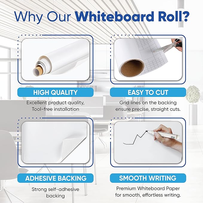 White Board Paper for Wall, 80" x 36" No Ghosting Peel and Stick Dry Erase Whiteboard Roll, Stain-Proof Self-Adhesive Whiteboard Wallpaper for Home, Office, Classroom