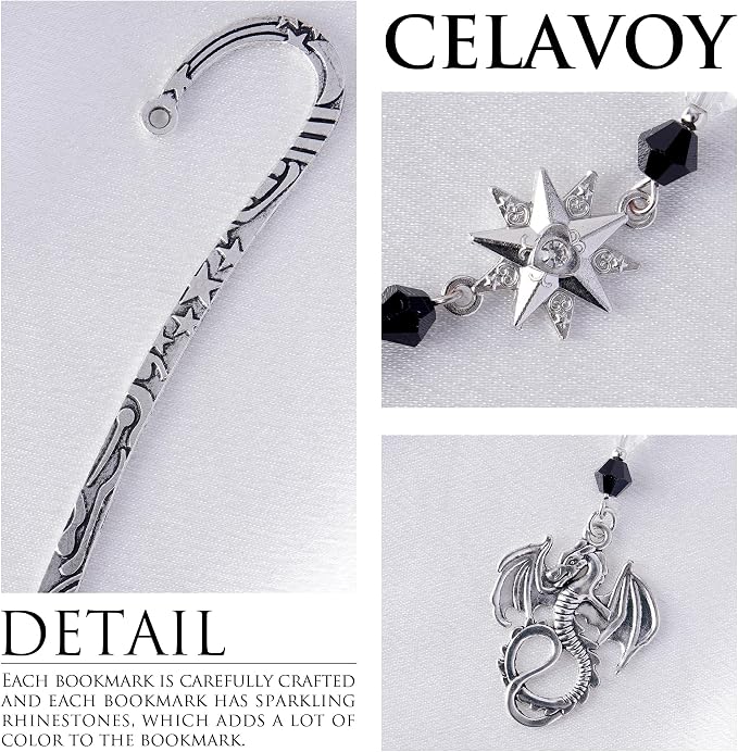 Fantasy Dragon Metal Bookmark - Silver Vintage Wing Beaded Hook Book Marks Fourth Star Charm Cool Unique Page Mark Office School Supplies Gifts for Men Students Teachers Reading Lover Reader